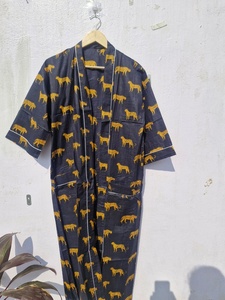 Pure Cotton Indian Block printed House Robe Summer <b>Kimono</b> <b>Beach</b> Coverup/Comfy Maternity | Fresh Yellow Mustard Pink Stripe Leopa - Product Image 4