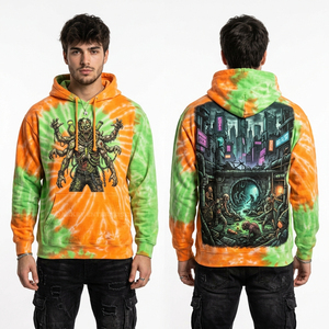 Sweat à capuche personnalisé tie-dye orange et vert, streetwear, motif graphique Toxic Mutant Zombie, en molleton de coton épais - Product Image 1
