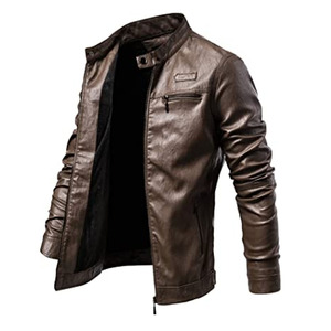 Veste moto en cuir PU marron, coupe ajustée, à capuche, personnalisable, vêtement d'automne pour homme, fermeture éclair. - Product Image 3