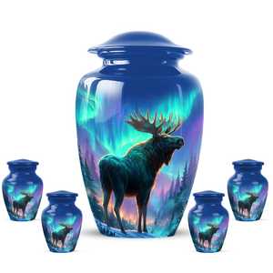 Urna Funeraria para Cenizas Humanas, Diseño Alces y Aurora Boreal, Recuerdo Conmemorativo de la Vida Silvestre, Color Azul - Product Image 6