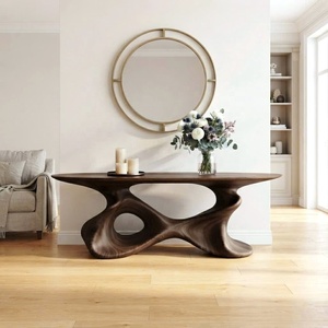Table console en bois massif sculpturale moderne, table d'entrée faite à la main avec base incurvée organique, décoration artistique de meubles de couloir - Product Image 1