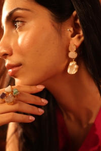 Natural <b>Rose</b> <b>Quartz</b> & Baroque Freshwater Pearl Statement handmade Drop <b>Earrings</b> in Gold Plated Brass - Product Image 4