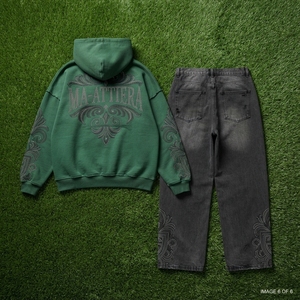 Custom <b>Green</b> Hoodie Black Distressed Jogger Set Rhinestone Embellished Cotton <b>Fleece</b> Streetwear Tracksuit OEM - Product Image 5