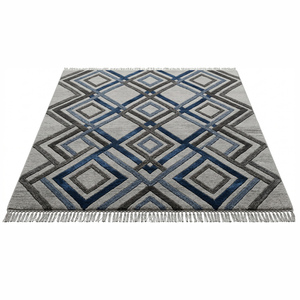 Alfombra Geométrica de Lana Color Azul Índigo y Marfil, Ecológica, Antideslizante, Hecha a Mano con Diseño de Rejilla Entrelazada para Sala de Estar u Hotel - Product Image 2