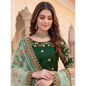 Graceful Green Thread Embroidered Silk <b>Wedding</b> Lehenga Choli - Product Image 2