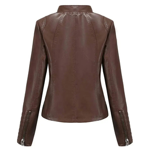 Chaqueta de Cuero PU Marrón para Mujer, Cuello Alto, Manga Larga, Cierre de Cremallera, Color Sólido, Estilo Motero, Chaquetas de Cuero Personalizadas - Product Image 2