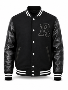 Unisex <b>Black</b> Varsity <b>Jacket</b> Wool/Polyester Embroidered Patchwork Letter R Front Casual Streetwear Turn-down Collar Regular Fit - Product Image 1