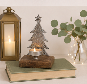 Handcrafted Nickel-Plated Aluminum Christmas <b>Tree</b> Tealight Holder Rustic Mango Wood Base Festive <b>Tabletop</b> Centerpiece For Home - Product Image 2