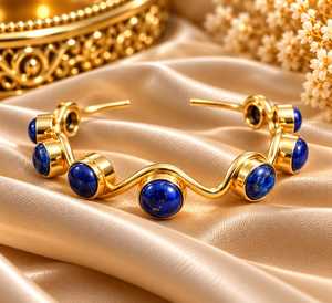 <b>Gold</b> Color Ethnic Cuff <b>Bracelet</b> Bangle with Gemstone Inlay Blue <b>and</b> <b>Black</b> Stones Wavy Design for Women Gift Party - Product Image 2