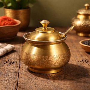 Handmade Engraved Brass Condiment Pot with Lid and Spoon Traditional Brass Sugar Bowl Decorative Kitchen Storage <b>Container</b> - Product Image 2