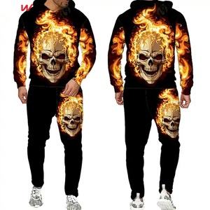 GULLSTAR YOGA INDUSTRY Men Gothic Skull Print Hooded Tracksuit Full Length Sweatshirt Pants <b>Set</b> Breathable 100% Cotton - Product Image 3