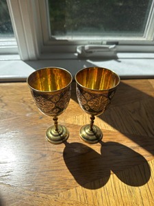 Most Running Round Metal Wine <b>Glass</b> For Party 2 Pieces Customizable Handmade Brass <b>Goblet</b> With Embossed Vintage Design - Product Image 2