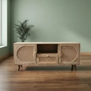 Meuble TV rustique en bois fait main avec deux portes, un tiroir et étagère ouverte, finition naturelle, console multimédia pour salon - Product Image 6