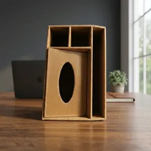Caja de pañuelos de madera con apertura ovalada y compartimentos de almacenamiento para organizar el escritorio - Product Image 1
