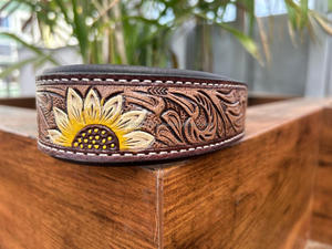 Collier de chien occidental en cuir torsadé à la main imprimé tournesol pour le cou collier de chien réglable rembourré en cuir véritable gravé pour animal de compagnie - Product Image 4