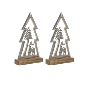 Silver Metal Handicraft <b>Christmas</b> Tree Sculpture With Reindeer <b>Figures</b> Wood Base Modern Minimalist Tabletop Display Wholesale - Product Image 1