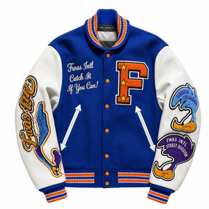 Casual Wool Varsity <b>Jacket</b> Leather Sleeves Chenille Embroidery Patch Street Design Hip Hop Style Baseball Letterman Stand Front - Product Image 2