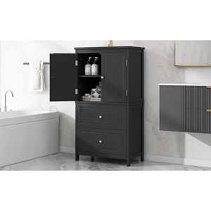 Mobiletto da Bagno con Ripiani Regolabili, Due Ante e Cassetti in MDF Nero - Arredo Bagno - Product Image 1