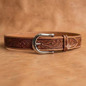 Ceinture de cowboy western en cuir façonnée à la main avec un motif floral en relief et une boucle en argent - Product Image 3