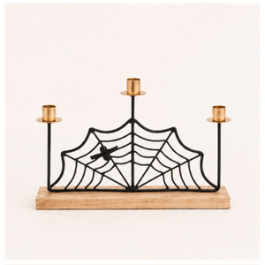 Spider Web Metal Candelabra with Natural Wood Base 3-Arm <b>Candle</b> <b>Holder</b> for Halloween Tabletop Decoration & Home Decor - Product Image 3