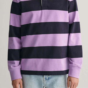 Camiseta de rugby clásica para hombre, de gran tamaño, con tela transpirable, manga larga, algodón grueso, diseño a rayas y sólido, con botones, tipo polo. - Product Image 2