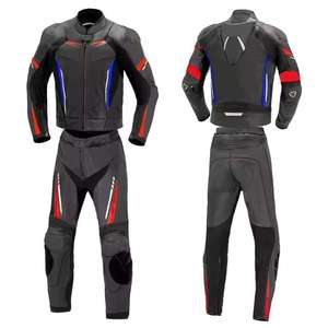 Traje de Motociclismo de Cuero para Hombre, Manga Larga, Diseño de Bloques de Color Negro, Rojo y Azul, Resistente al Viento, de una Pieza con Cierre, para Adultos, para Todas las Temporadas - Product Image 1