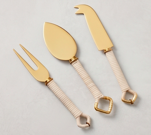 Modern <b>Cheese</b> <b>Knife</b> <b>Set</b> Of 3 With Gold Finish And Rope Handles Dishwasher Safe Ideal For Serving Use And Cutting Use - Product Image 1
