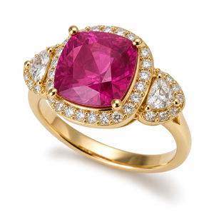 Bague Cocktail de Luxe en Or Jaune 14K avec Diamant de Laboratoire Certifié IGI, Trois Pierres en Coussin Halo Rose et Plaqué Rhodium - Product Image 1