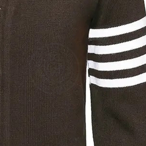 Cárdigan Personalizado para Hombre en Color Marrón Oscuro con Rayas Blancas en las Mangas, Tejido Acrílico, Cuello en V, Suéter Unisex, Estilo Casual - Product Image 6