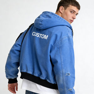 Sweat à capuche zippé intégral pour homme, en denim bleu tendance, effet usé, imprimé personnalisé, confortable, coupe oversize, style streetwear décontracté pour le quotidien - Product Image 6