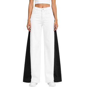 Jean large blanc et noir pour femme, taille haute, en denim bicolore, style décontracté streetwear, pantalon tendance coupe baggy - Product Image 1