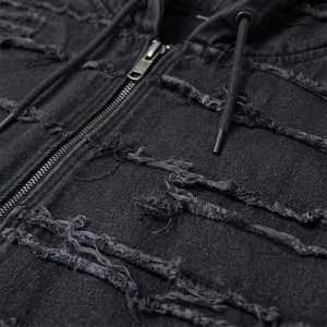 Men's Oversized Hooded Denim <b>Jacket</b> Front Logo <b>Fringe</b> Washed Streetwear Regular Sleeve Solid Color Winter Fit - Product Image 6