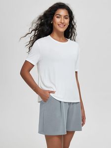 Women's <b>White</b> V-Neck Short Sleeve <b>Crop</b> Top Regular Fit Knitted Cotton Casual Solid Color Breathable Eco-Friendly Quick Canvas - Product Image 2