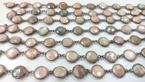 Cadena con Conector de Bisel de 12mm, Piedras Naturales de Luna Multicolor en Forma de Moneda, Briolette con Recubrimiento Místico - Product Image 3