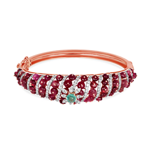Luxury Rose Gold <b>Ruby</b> and Diamond Bangle <b>Bracelet</b> with Cascading <b>Ruby</b> Beads and Emerald Floral Centerpiece - Product Image 2
