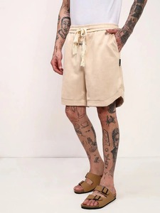 Men's Beige Cotton Canvas Bermuda Shorts With Drawstring Waist Casual Style Mid Rise Solid Color Breathable Design Shorts - Product Image 5