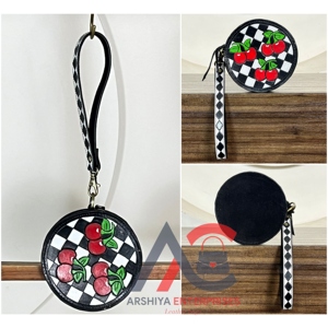 Western Cherry Round Coin Purse Checkered <b>Wristlet</b> for Women Handmade Tooled Leather Zipper Wallet Cute Checkerboard Pouch Bag - Product Image 1