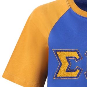 Chemise Raglan Premium en Chenille SGRho Bleu Royal et Or, Manches Courtes, Col Rond, Patch Lettres Grecques, Style Baseball, Décontractée, Fraternité - Product Image 3