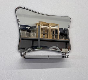 Mid Century Modern Wall <b>Mirror</b> With Metal Frame And Decorative Shelf <b>Chrome</b> Finish Curved Design - Product Image 1
