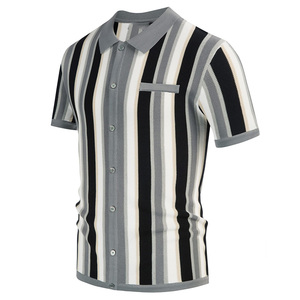 T-shirt tricoté d'été pour homme, décontracté, à rayures, col à revers, 100 % coton, anti-rides, haute qualité - Product Image 6