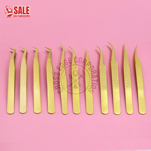 Hot Sale Popular <b>Glitter</b> Golden Eyelash Extension Fiber Tip Tweezers Stainless Steel Lash Tweezers for False Eyelashes - Product Image 1