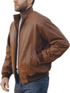 Blouson aviateur en cuir véritable marron pour homme, fermeture éclair, col roulé, vêtement décontracté pour l'automne - Product Image 3