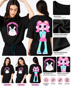 Camiseta gráfica negra extragrande para mujer con estampado de conejita de dibujos animados en la parte delantera y trasera, de manga corta y algodón. - Product Image 3