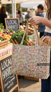 Sac fourre-tout matelassé en coton imprimé à la main, grande capacité, motif floral, pour l'épaule, voyage, shopping, vente en gros, écologique, été, automne - Product Image 5