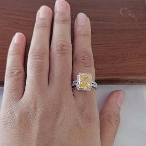 Yellow Color Geometric Diamond Halo Cubic Zirconia Engagement <b>Ring</b> Women Daily Luxury Gift - Product Image 4