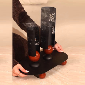 Modern 2-Piece Metal Bakhoor Incense Burner Set, Geometric Cutout Oud Burners With Wooden Ball Accents & Matching Serving <b>Tray</b> - Product Image 2