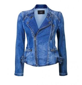 Blouson moto en jean bleu pour femme, manches longues, col rabattable, fermeture éclair, couleur unie, respirant, automne, coupe courte - Product Image 4