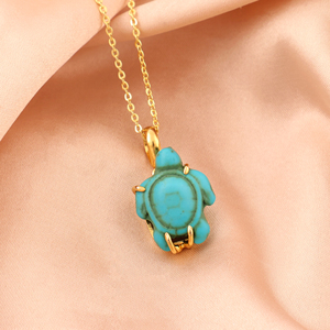 Blue Turquoise Turtle Statement Necklace 18K Gold Plated Brass Claw Setting Gemstone Pendant Fashion Jewelry Handmade Gift - Product Image 2
