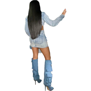 Women's Denim Crop Top Set With Matching Mini Skirt And Over The Knee <b>Boots</b> Light Blue Stonewashed Casual <b>Spring</b> Style - Product Image 2