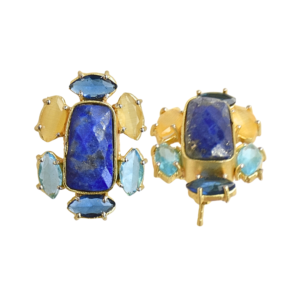 Boucles d'oreilles en laiton plaqué or avec lapis-lazuli, clous d'oreilles floraux imposants, lot en gros - Product Image 2